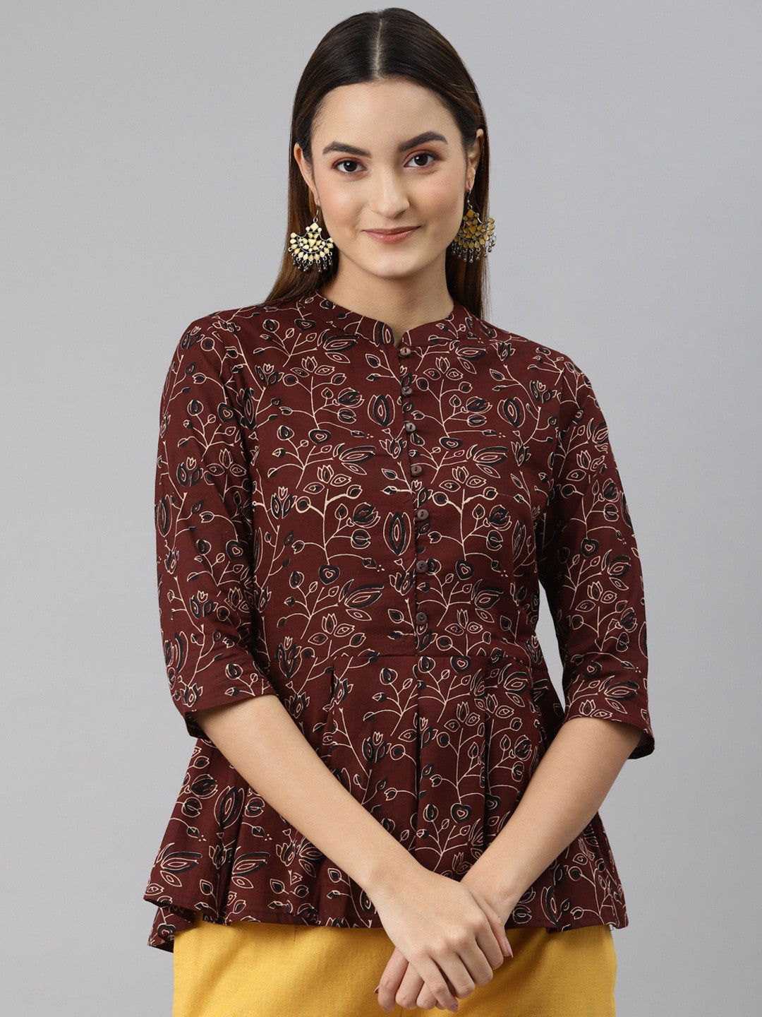 Brown Floral Printed Peplum Cotton Top - Naticraft