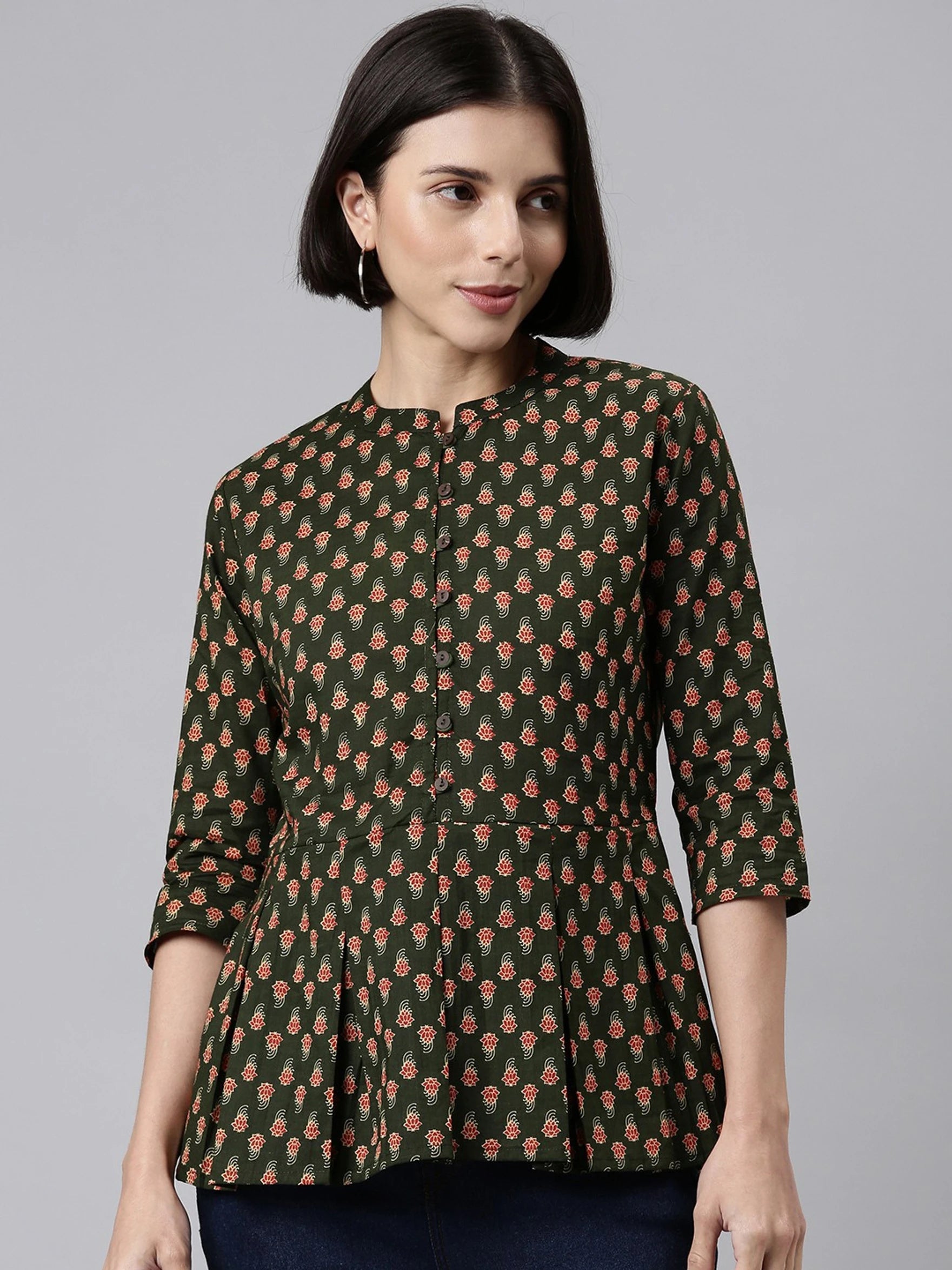 Green Floral Pleated Peplum Top for Women - Naticraft