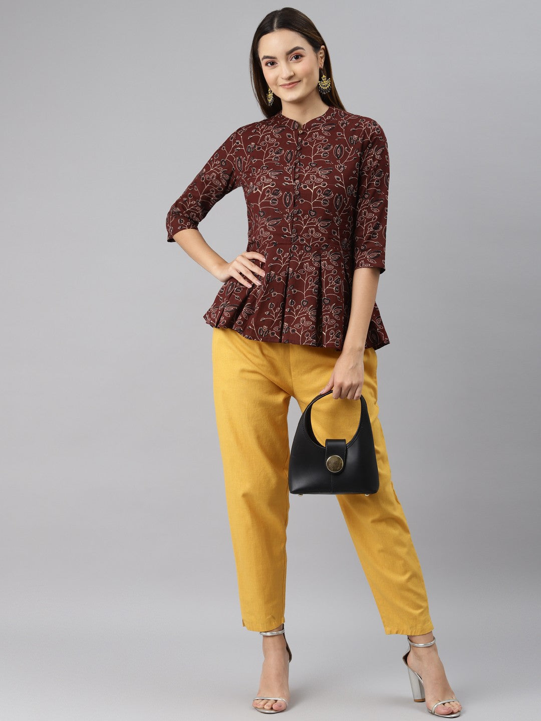 Brown Floral Printed Peplum Cotton Top - Naticraft