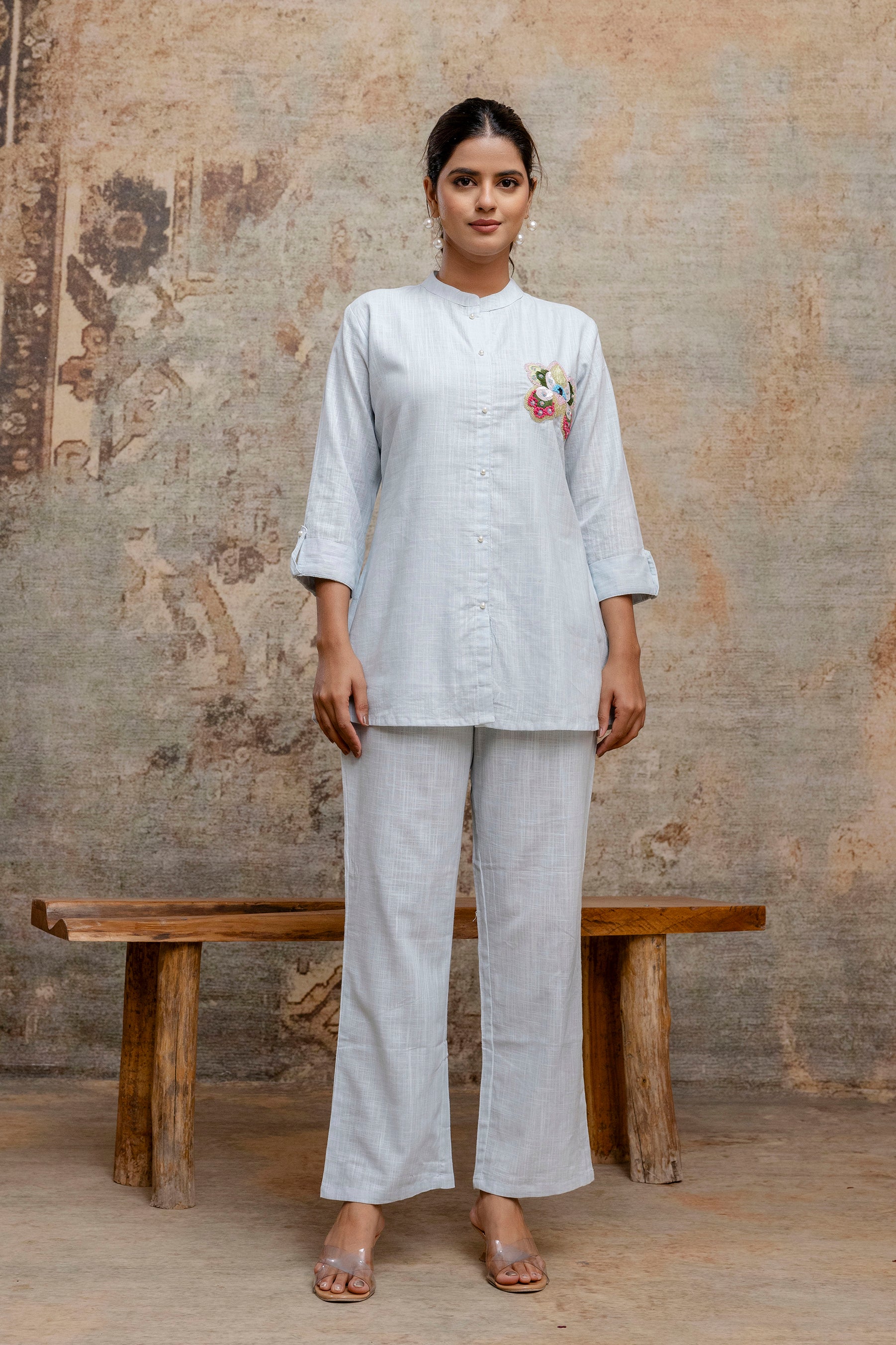 Sky Blue Blend Cotton Co-ord Set with Hand Embroidered Sequin Motif - Naticraft