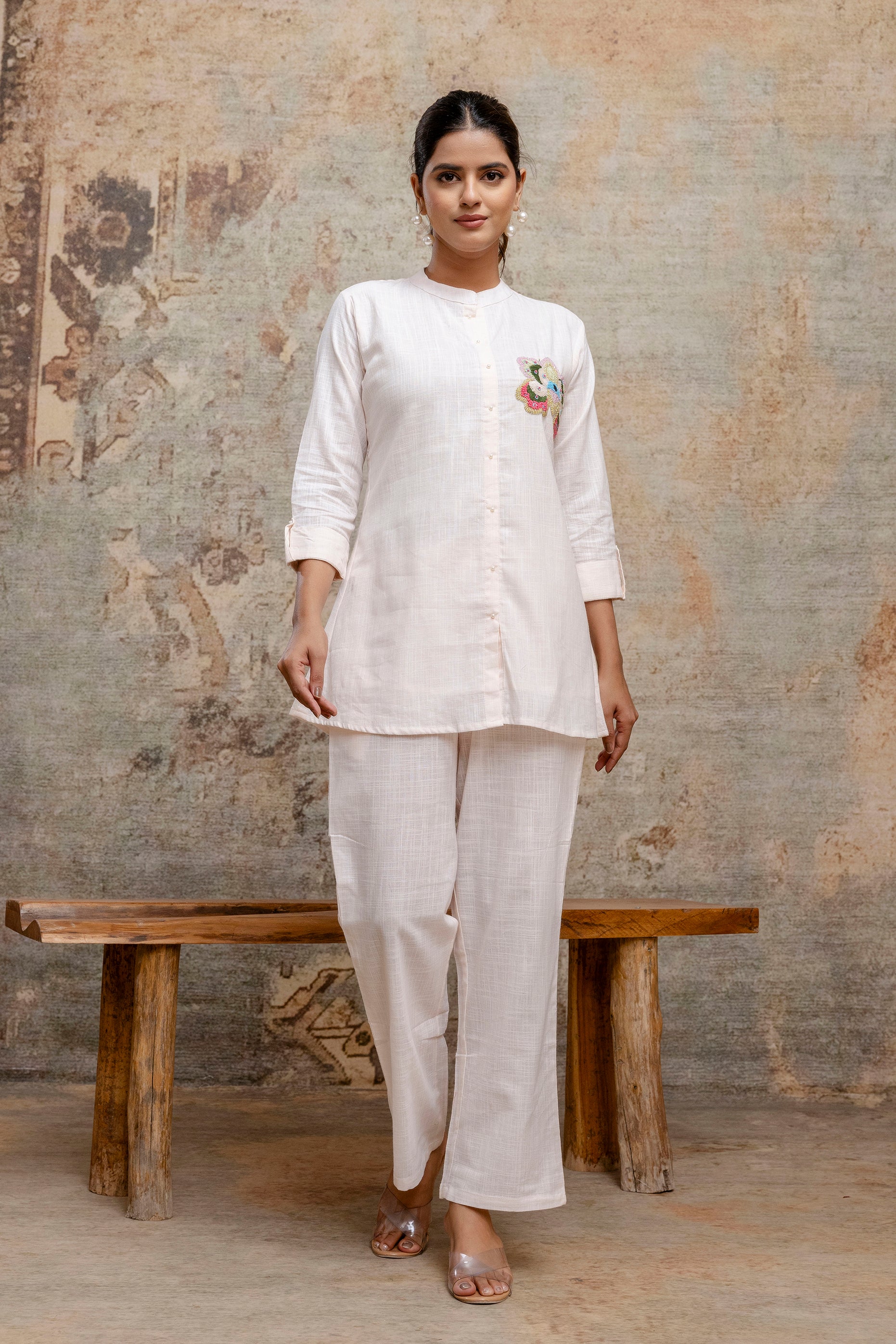Elegant White Cotton Co-ord Set with Hand Embroidered Floral Motif - Naticraft