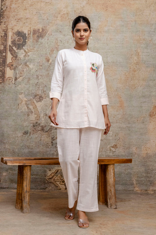 Elegant White Cotton Co-ord Set with Hand Embroidered Floral Motif