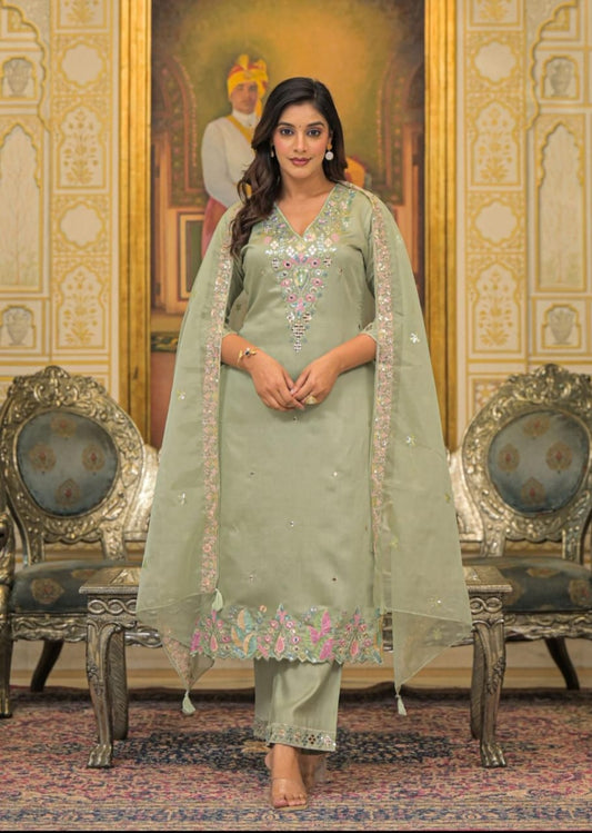 Pastel Sage Silk Embroidered Kurta Set with Mirror Work & Dupatta – Heritage Edition - Naticraft