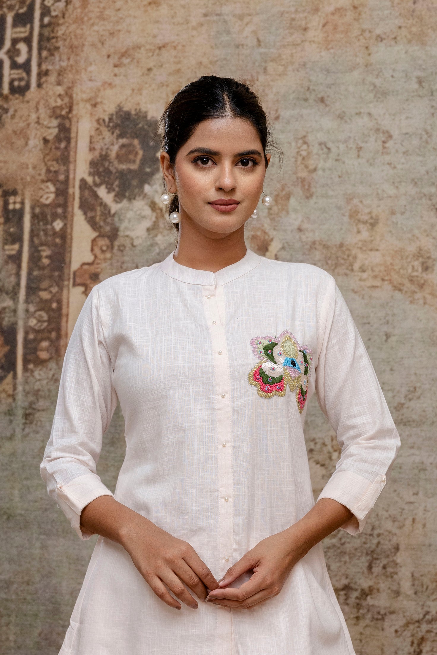 Elegant White Cotton Co-ord Set with Hand Embroidered Floral Motif - Naticraft