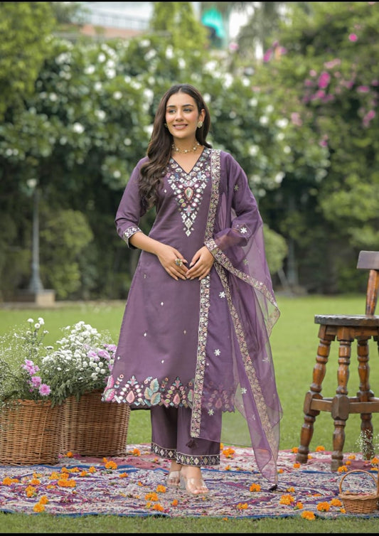 Royal Plum Mirror-Embroidered Kurta Set with Dupatta - Silk – Festive Elegance - Naticraft