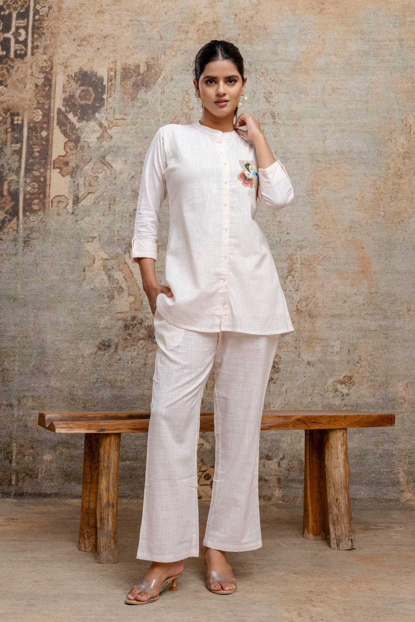 Elegant White Cotton Co-ord Set with Hand Embroidered Floral Motif - Naticraft