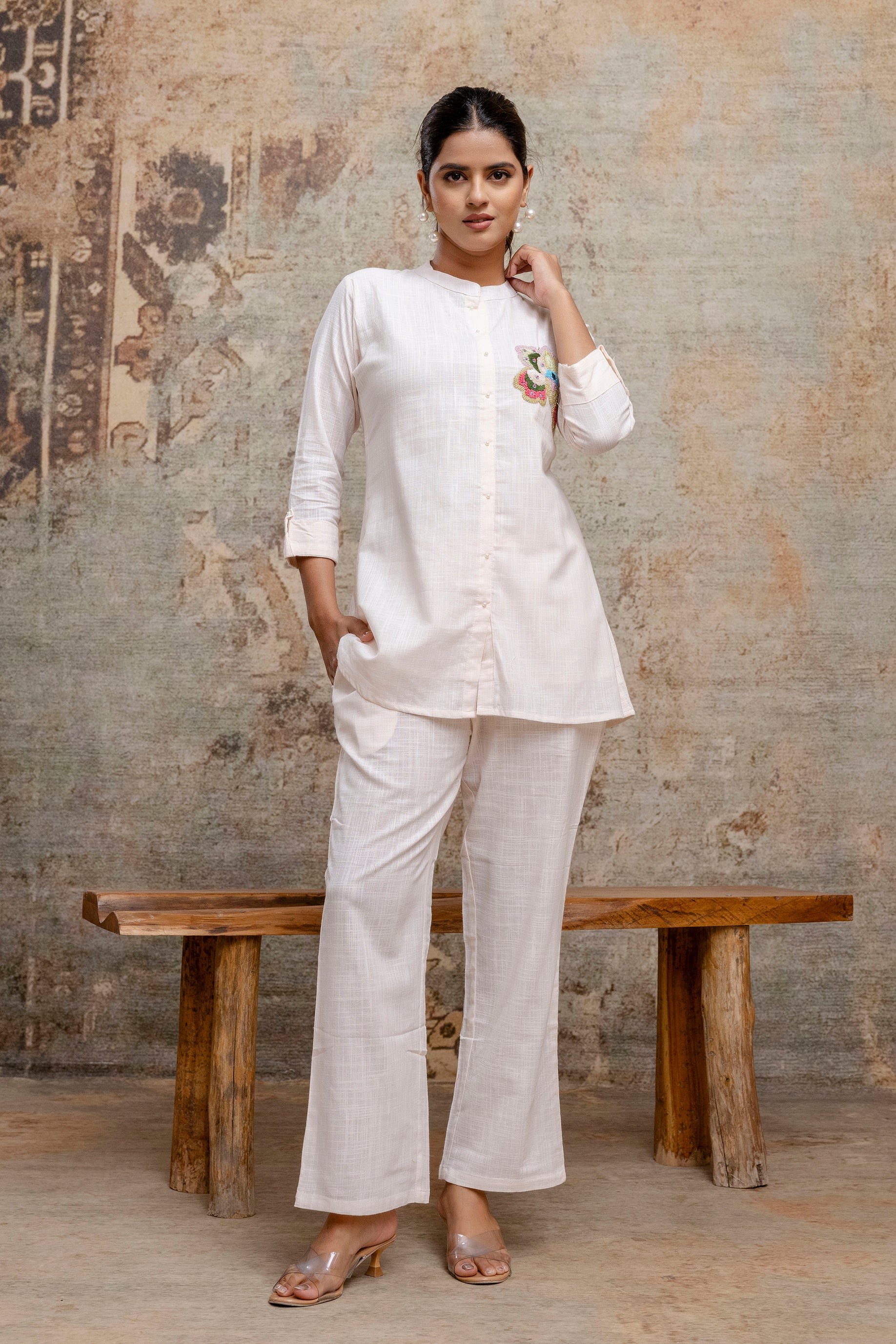 Elegant White Cotton Co-ord Set with Hand Embroidered Floral Motif - Naticraft
