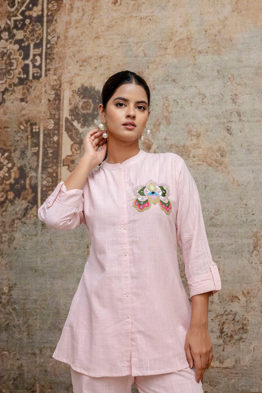 Blush Pink Blend Cotton Co-ord Set with Hand Embroidered Sequin Motif