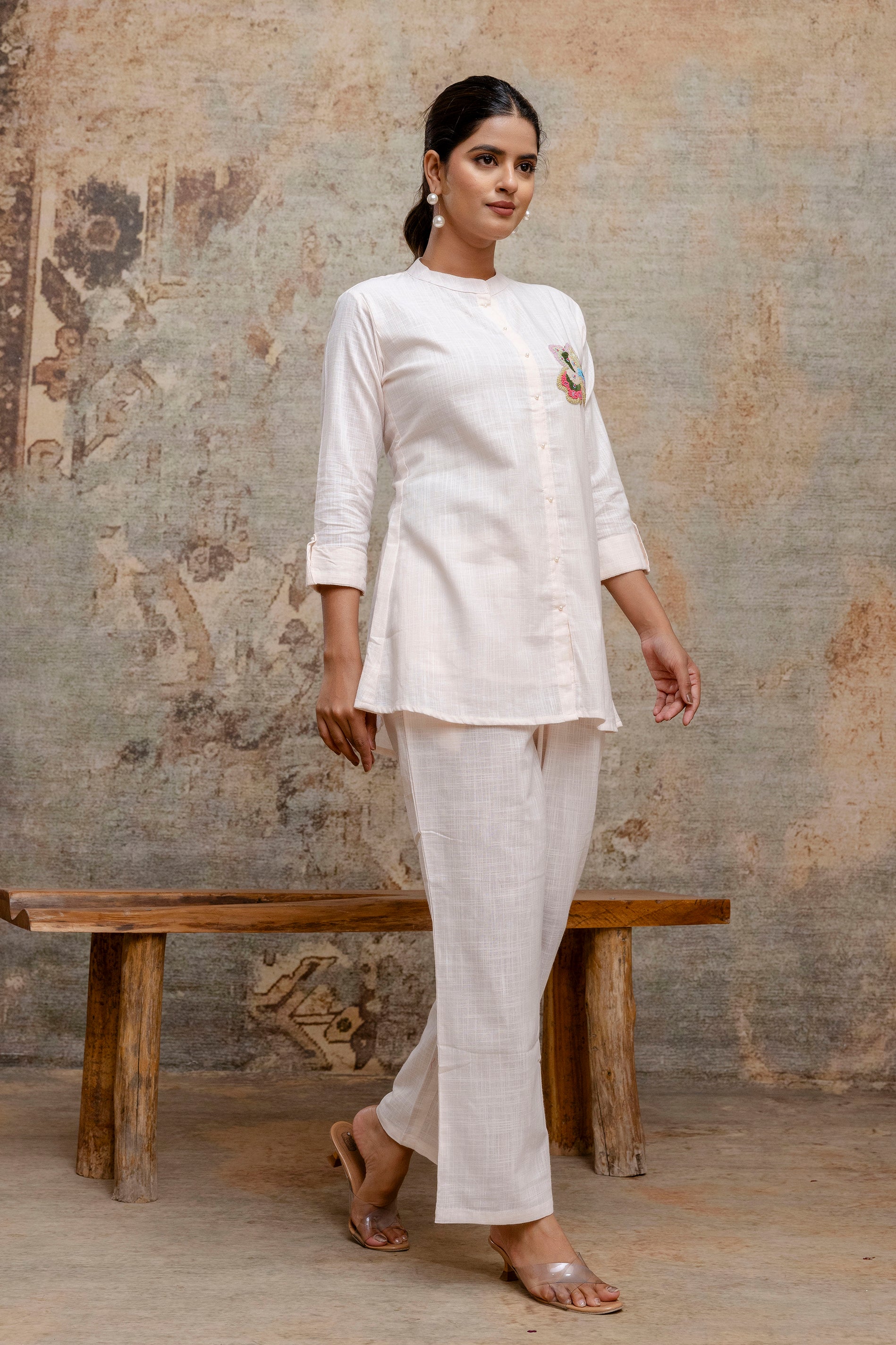 Elegant White Cotton Co-ord Set with Hand Embroidered Floral Motif - Naticraft