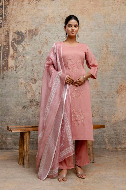Dusty Rose Pink Cotton Kurta Set with Embroidered Floral Motifs & Dupatta