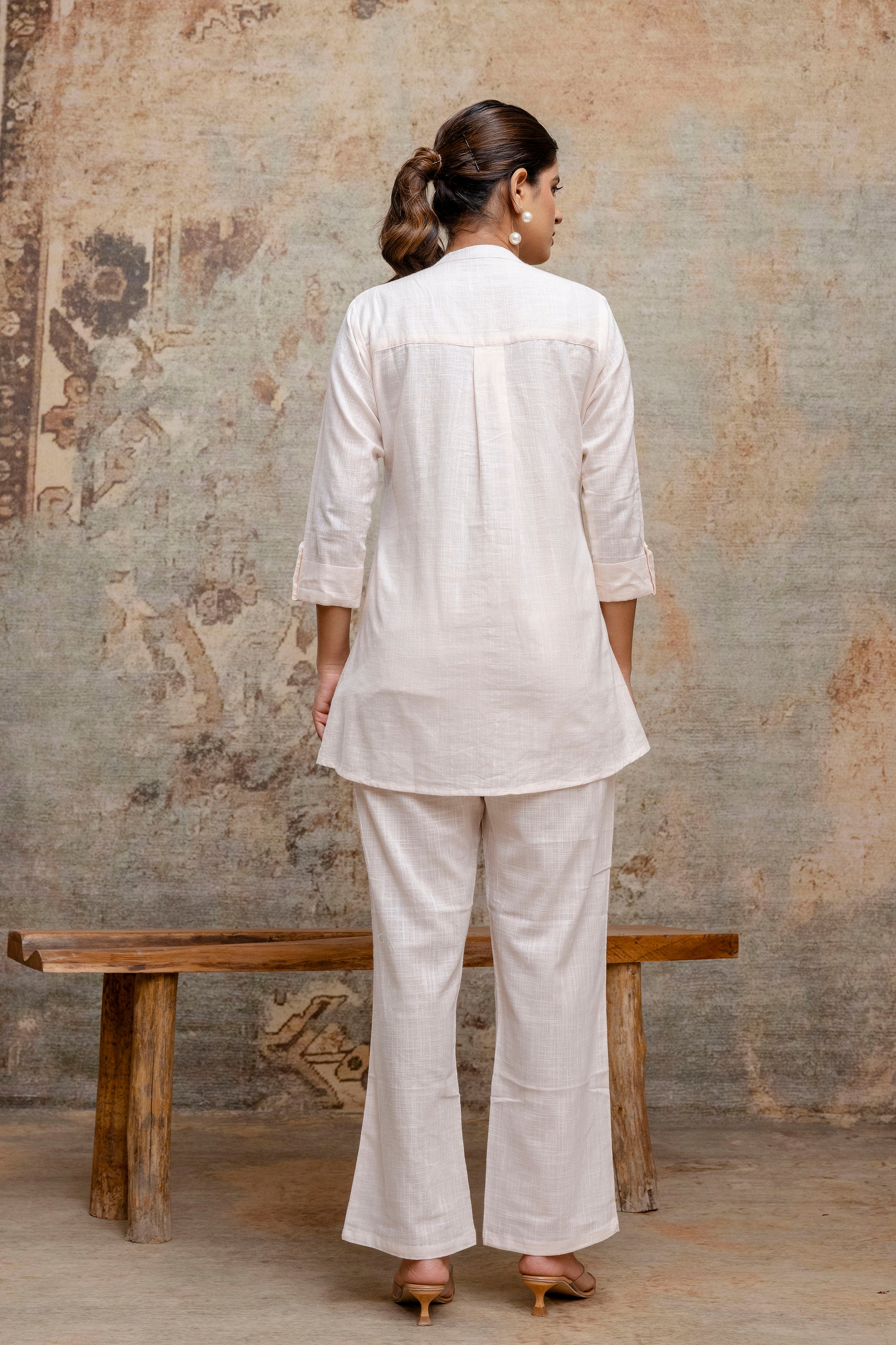 Elegant White Cotton Co-ord Set with Hand Embroidered Floral Motif - Naticraft