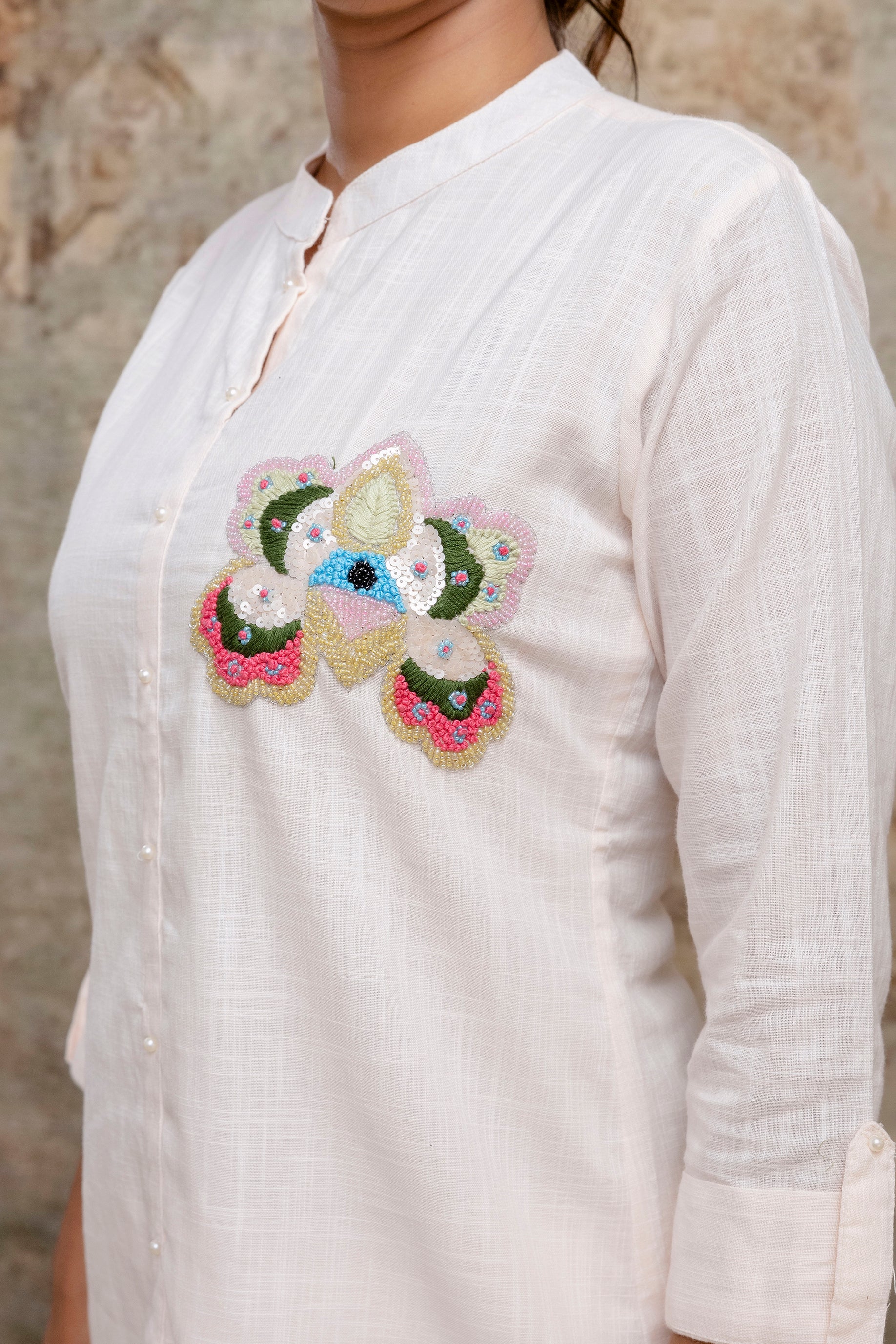Elegant White Cotton Co-ord Set with Hand Embroidered Floral Motif - Naticraft