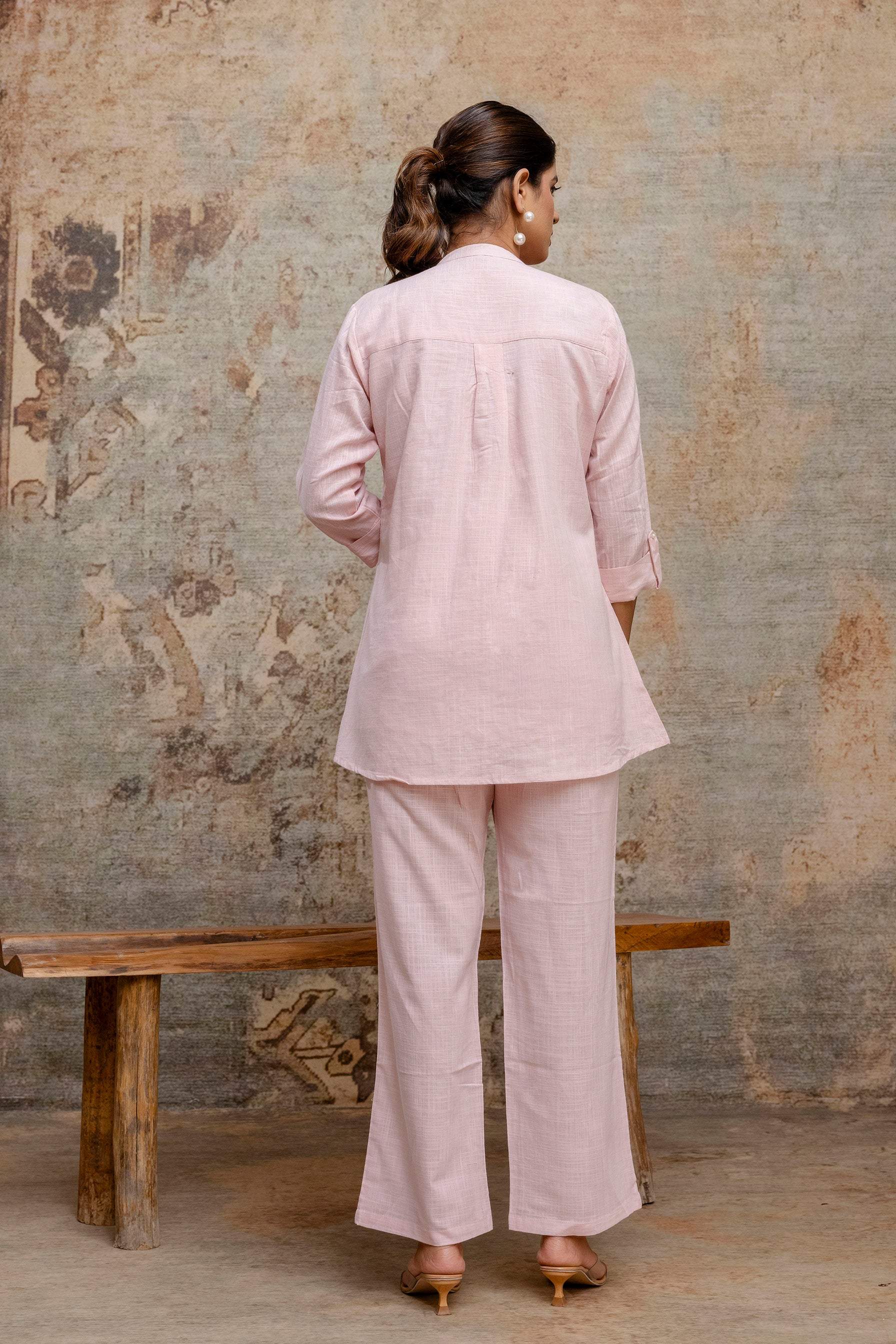 Blush Pink Blend Cotton Co-ord Set with Hand Embroidered Sequin Motif - Naticraft