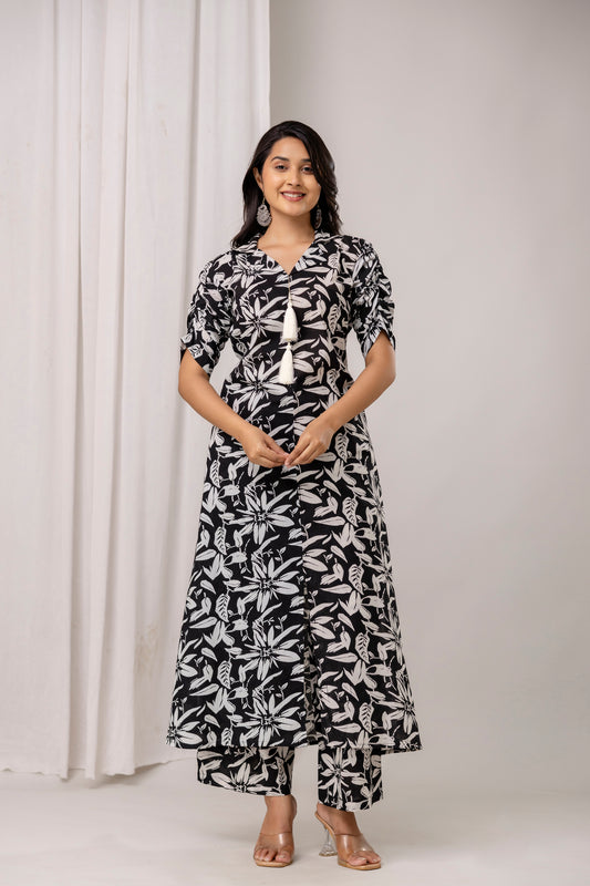 Floral Print A-Line Cotton Kurta with Pants- Tassels – Olive Green & Black - Naticraft