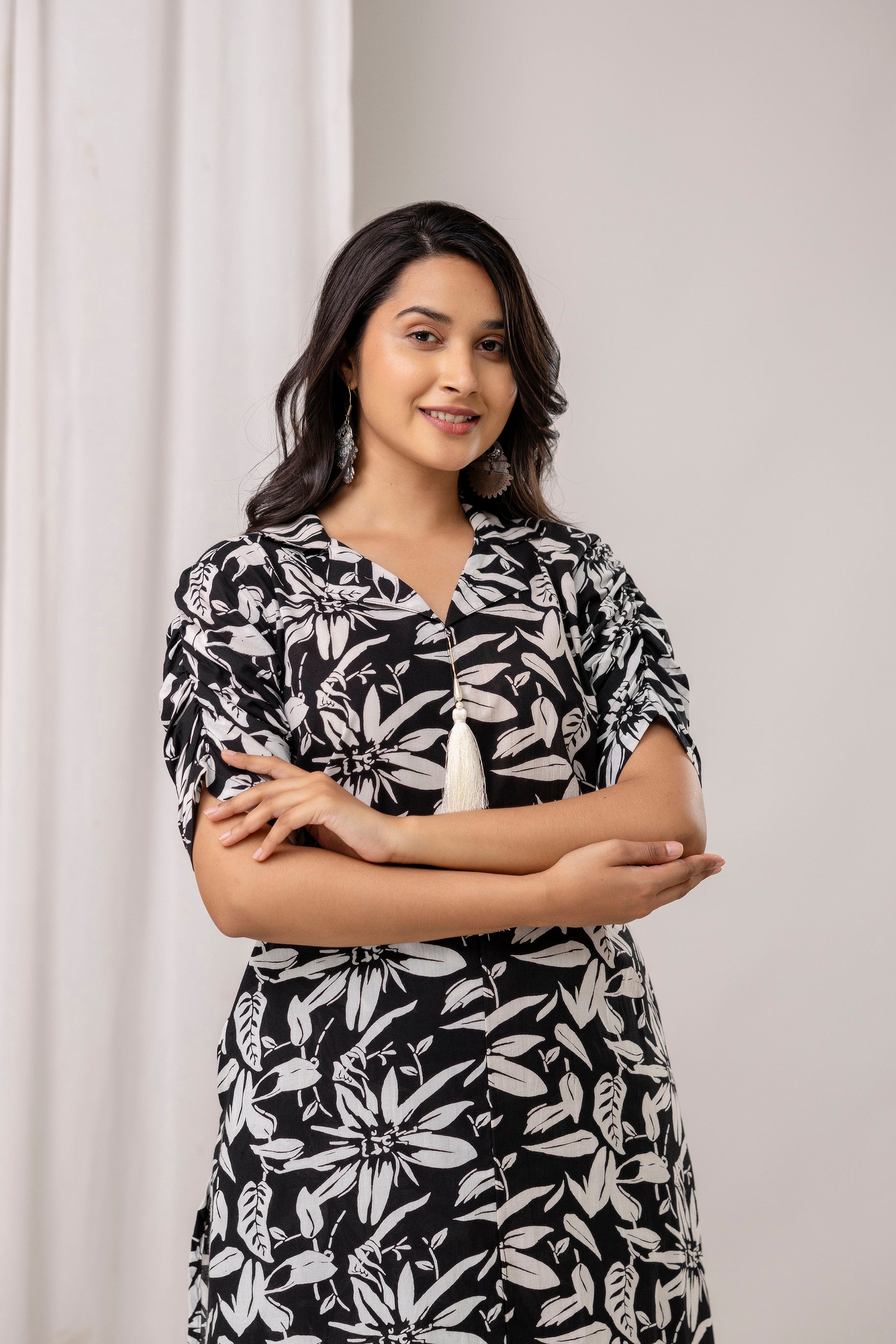 Floral Print A-Line Cotton Kurta with Pants- Tassels – Olive Green & Black - Naticraft