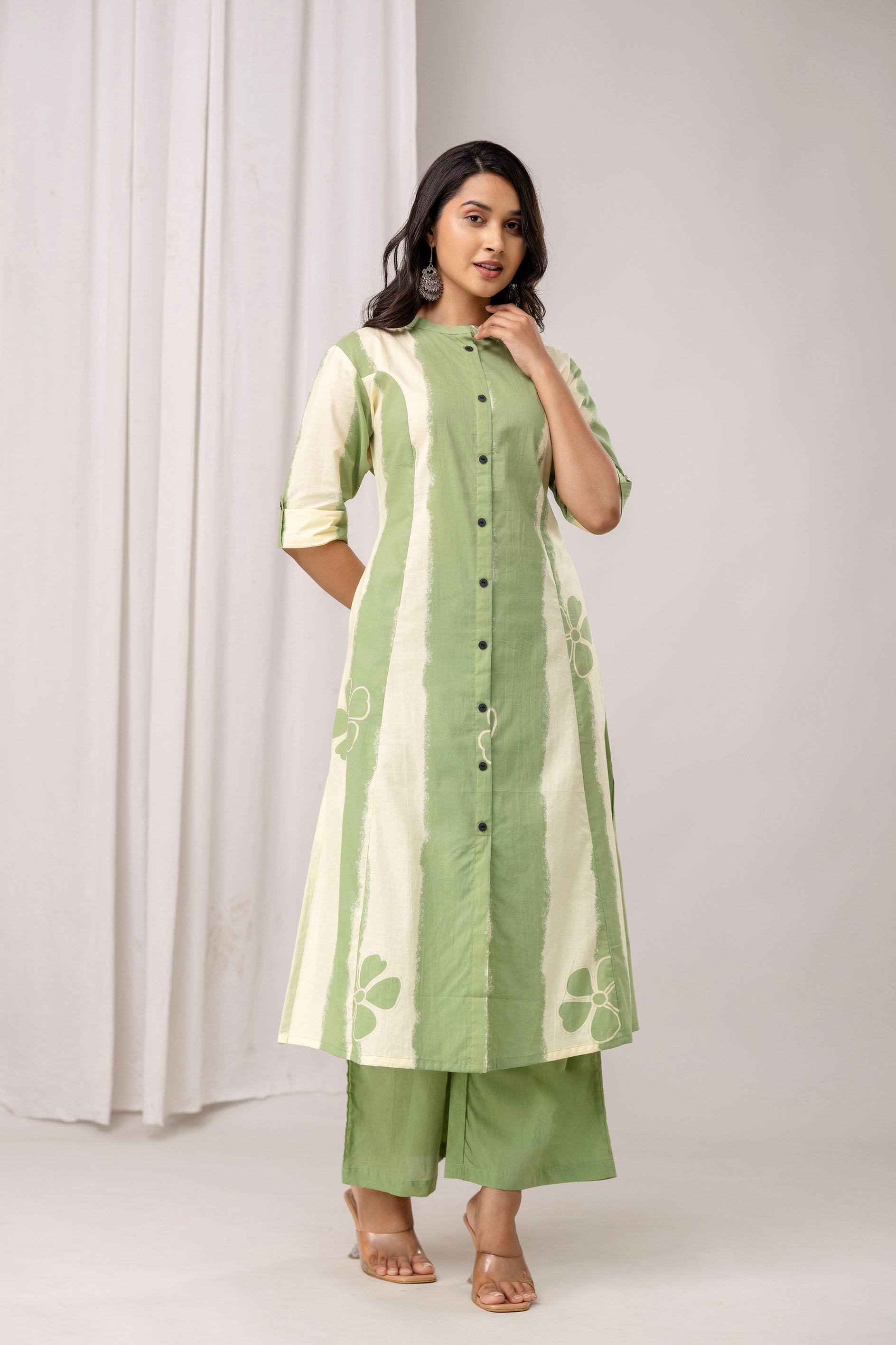 Striped Cotton Kurta & Pants with Minimal Floral Accents – Lavender & Green - Naticraft