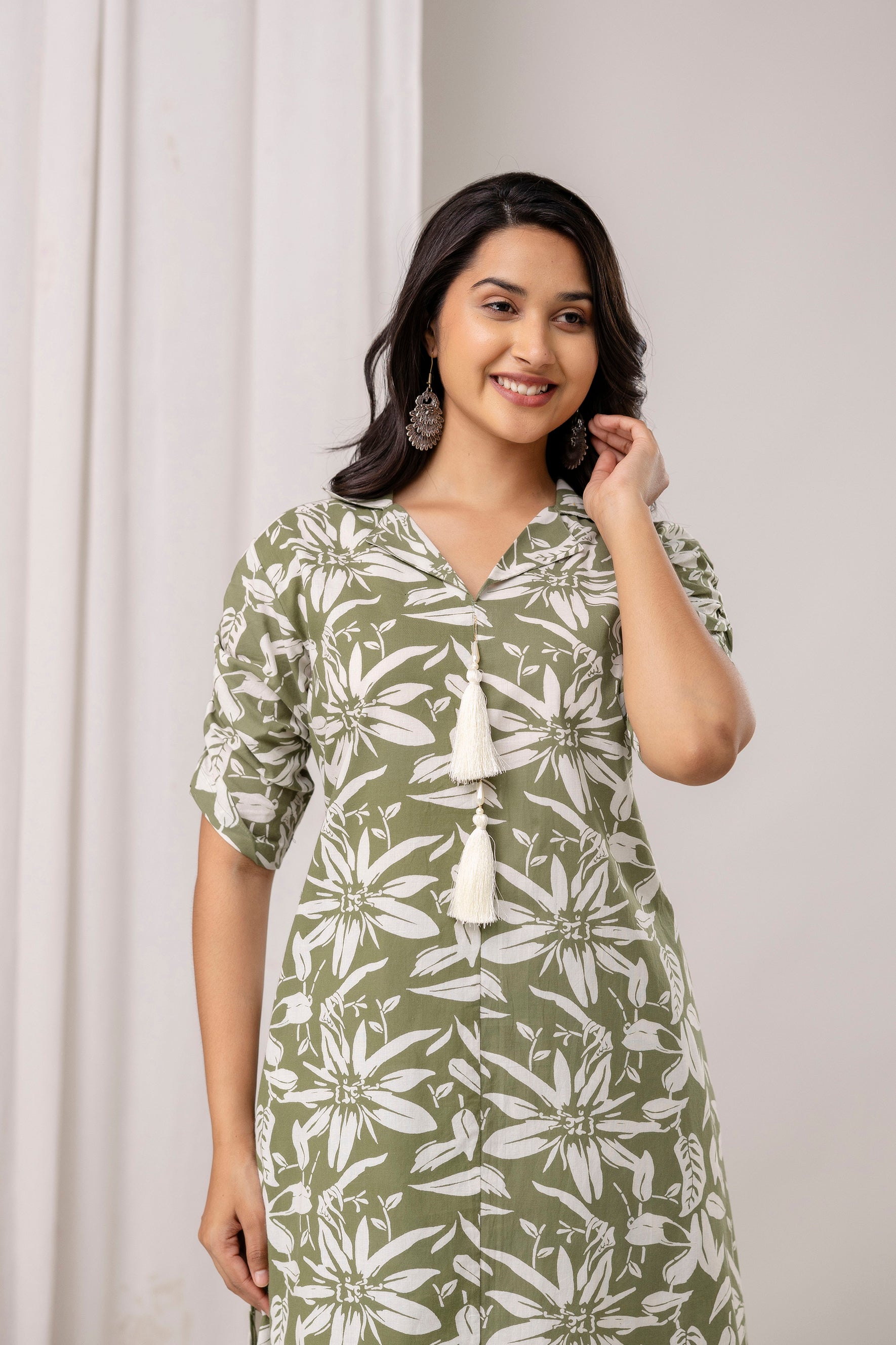 Floral Print A-Line Cotton Kurta with Pants- Tassels – Olive Green & Black - Naticraft