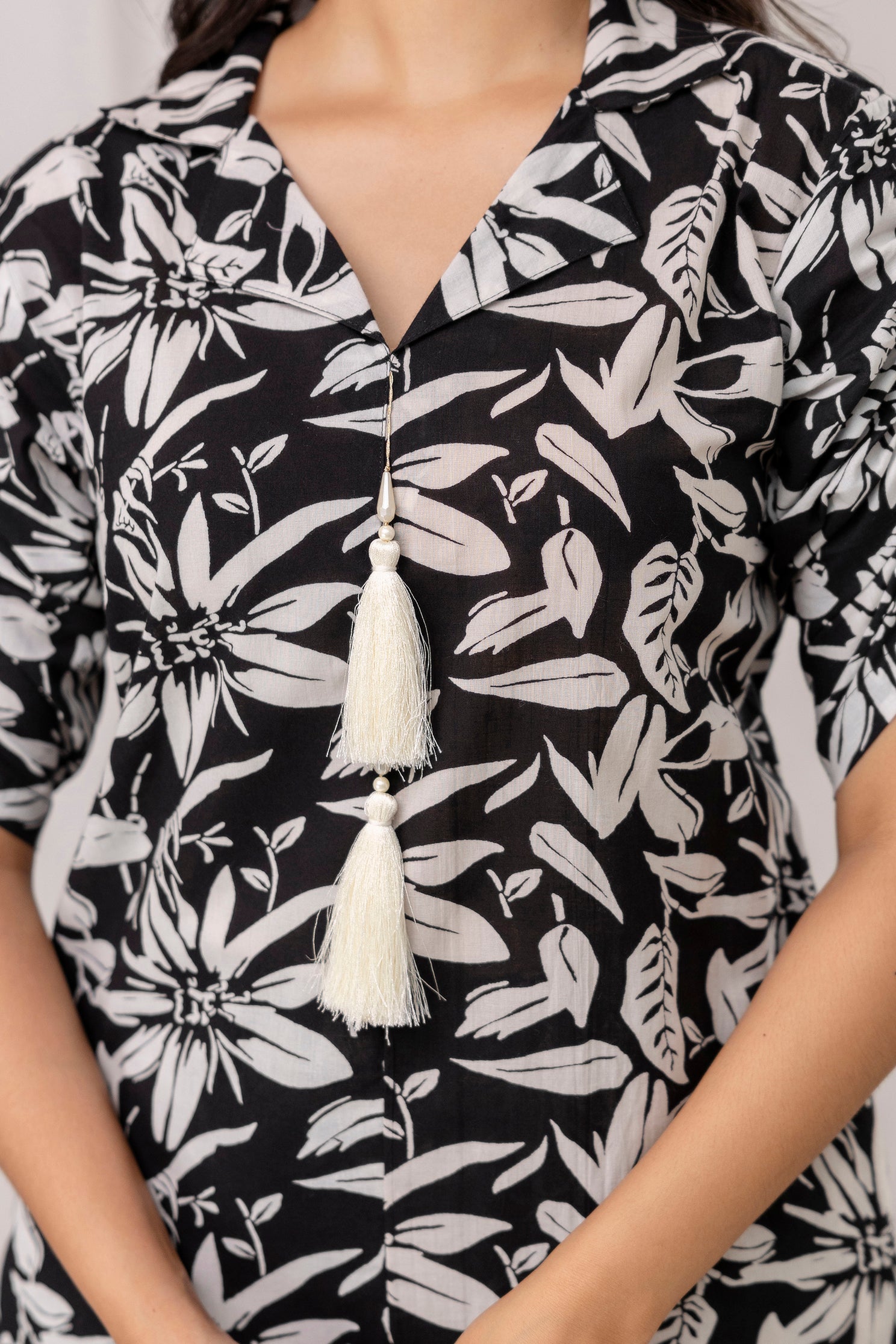 Floral Print A-Line Cotton Kurta with Pants- Tassels – Olive Green & Black - Naticraft