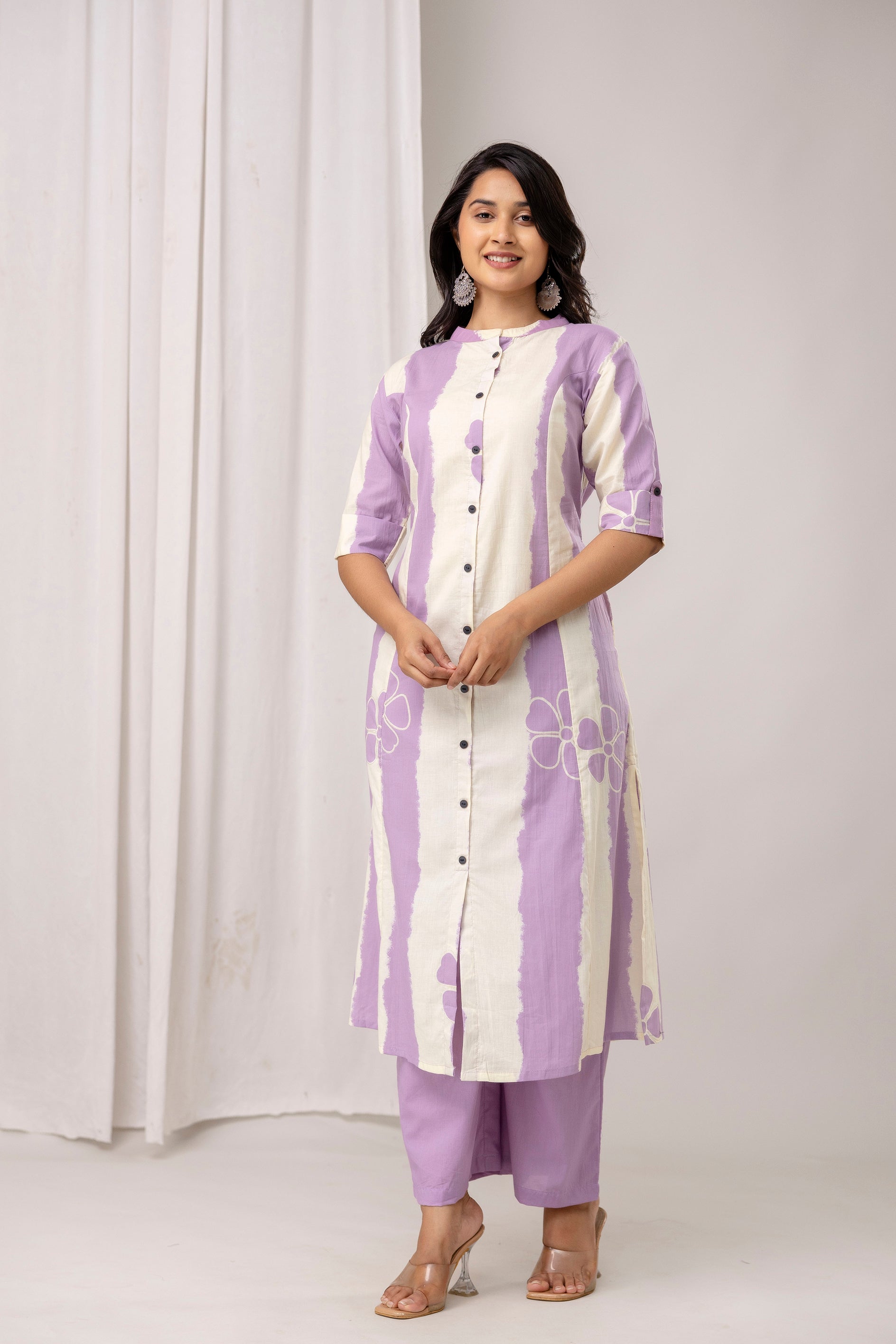 Striped Cotton Kurta & Pants with Minimal Floral Accents – Lavender & Green - Naticraft