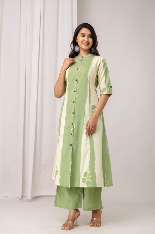 Striped Cotton Kurta & Pants with Minimal Floral Accents – Lavender & Green - Naticraft