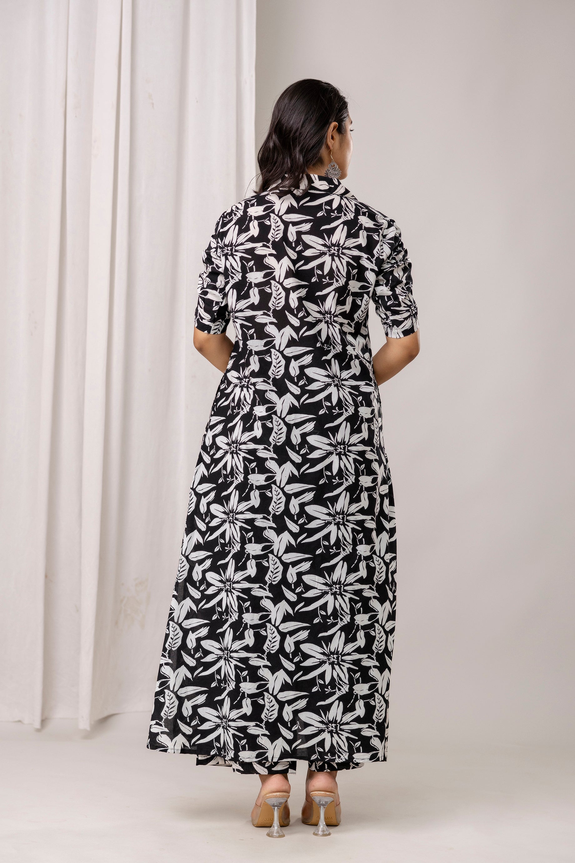 Floral Print A-Line Cotton Kurta with Pants- Tassels – Olive Green & Black - Naticraft