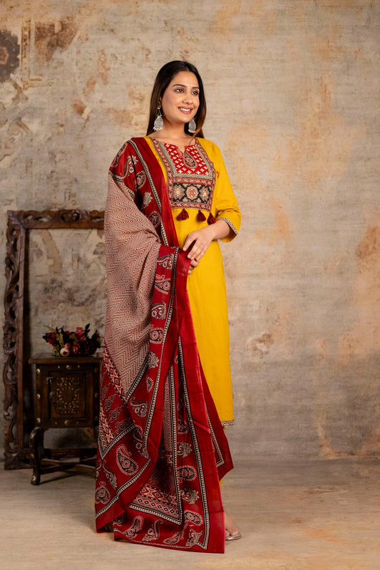 Women's Ajrakh Embroidered Kurta Set with Dupatta – A Blend of Tradition & Elegance - Naticraft