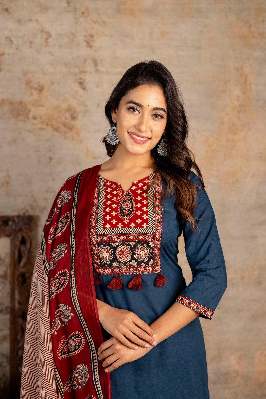 Women's Ajrakh Embroidered Kurta Set with Dupatta – A Blend of Tradition & Elegance - Naticraft