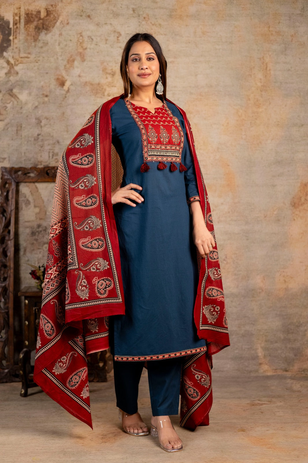 Women's Ajrakh Embroidered Kurta Set with Dupatta – A Blend of Tradition & Elegance - Naticraft
