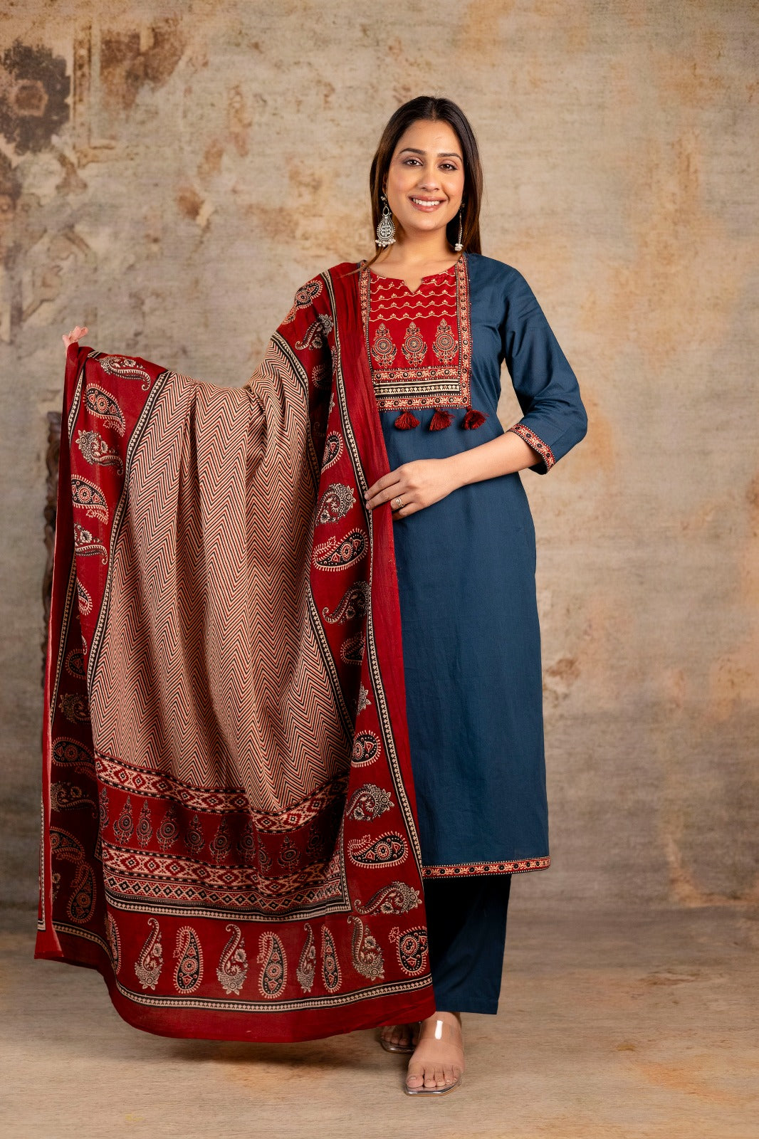 Women's Ajrakh Embroidered Kurta Set with Dupatta – A Blend of Tradition & Elegance - Naticraft