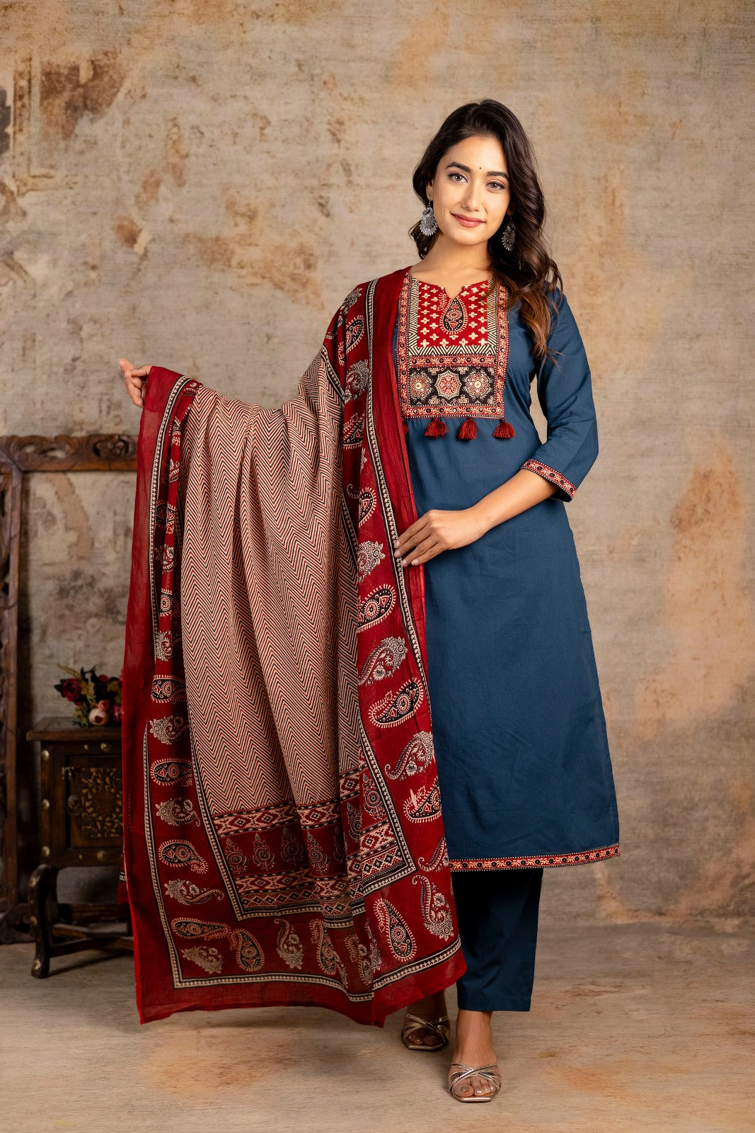 Women's Ajrakh Embroidered Kurta Set with Dupatta – A Blend of Tradition & Elegance - Naticraft