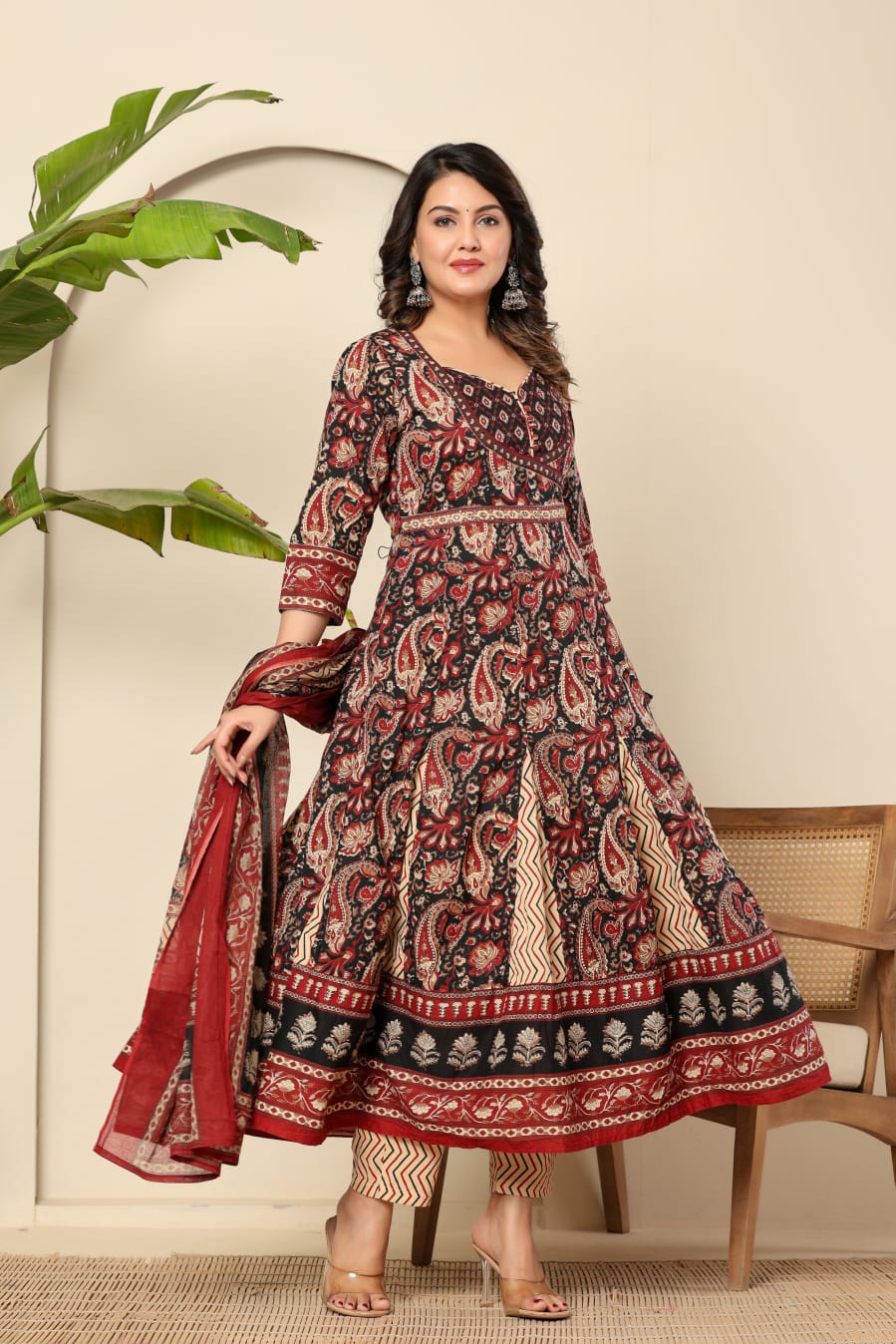 Boho Bloom Anarkali Kurta Set with Printed Dupatta - Naticraft