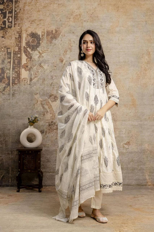 Elegant Off-White Printed Cotton Anarkali Kurta Set with Dupatta - Naticraft