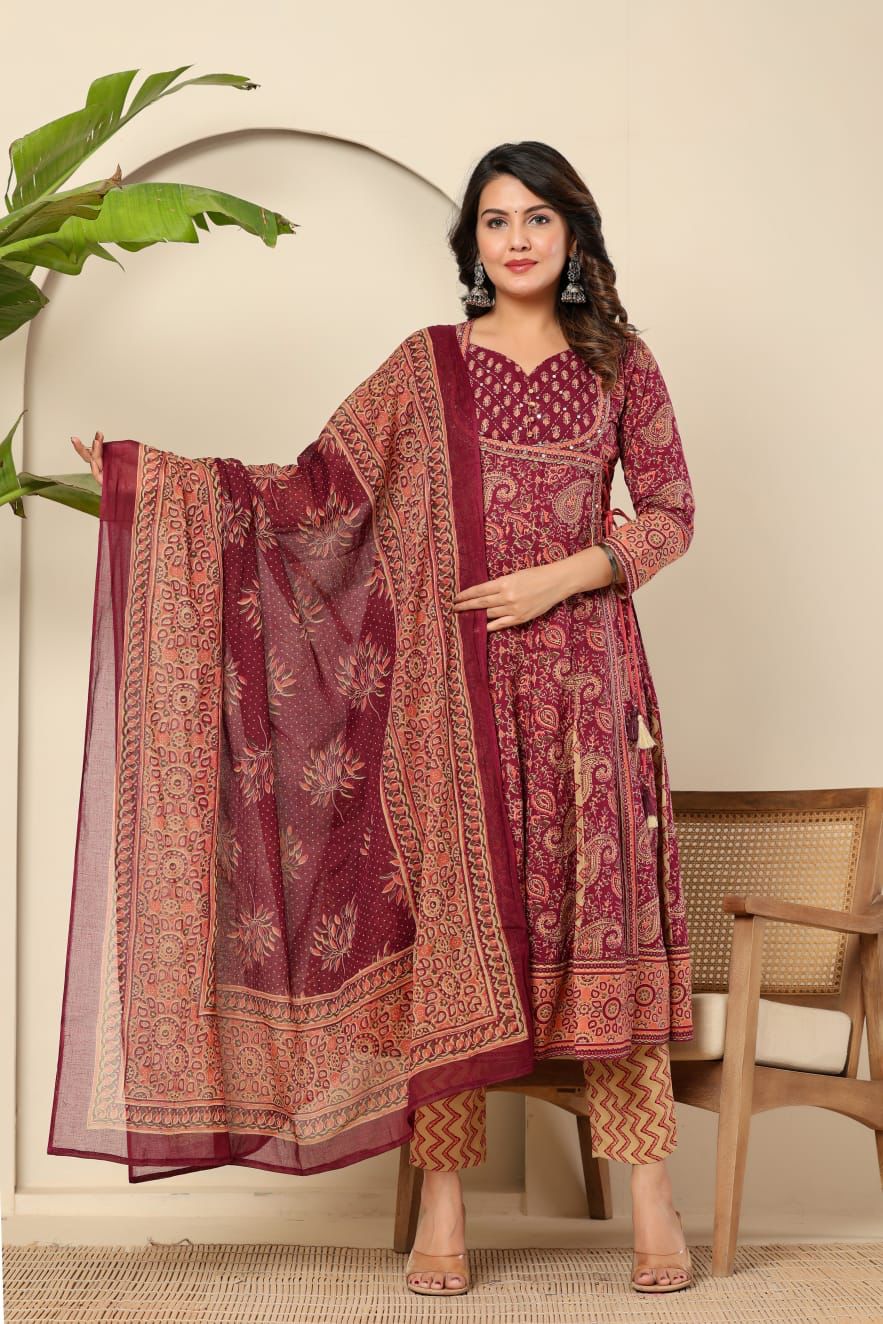 Wine & Beige Anarkali Kurta Set with Dupatta - Traditional Paisley & Zigzag Print - Naticraft