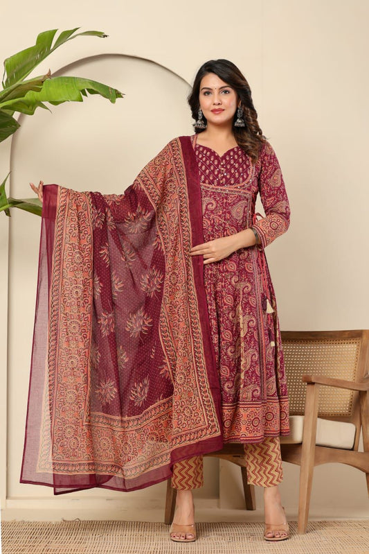 Wine & Beige Anarkali Kurta Set with Dupatta - Traditional Paisley & Zigzag Print - Naticraft