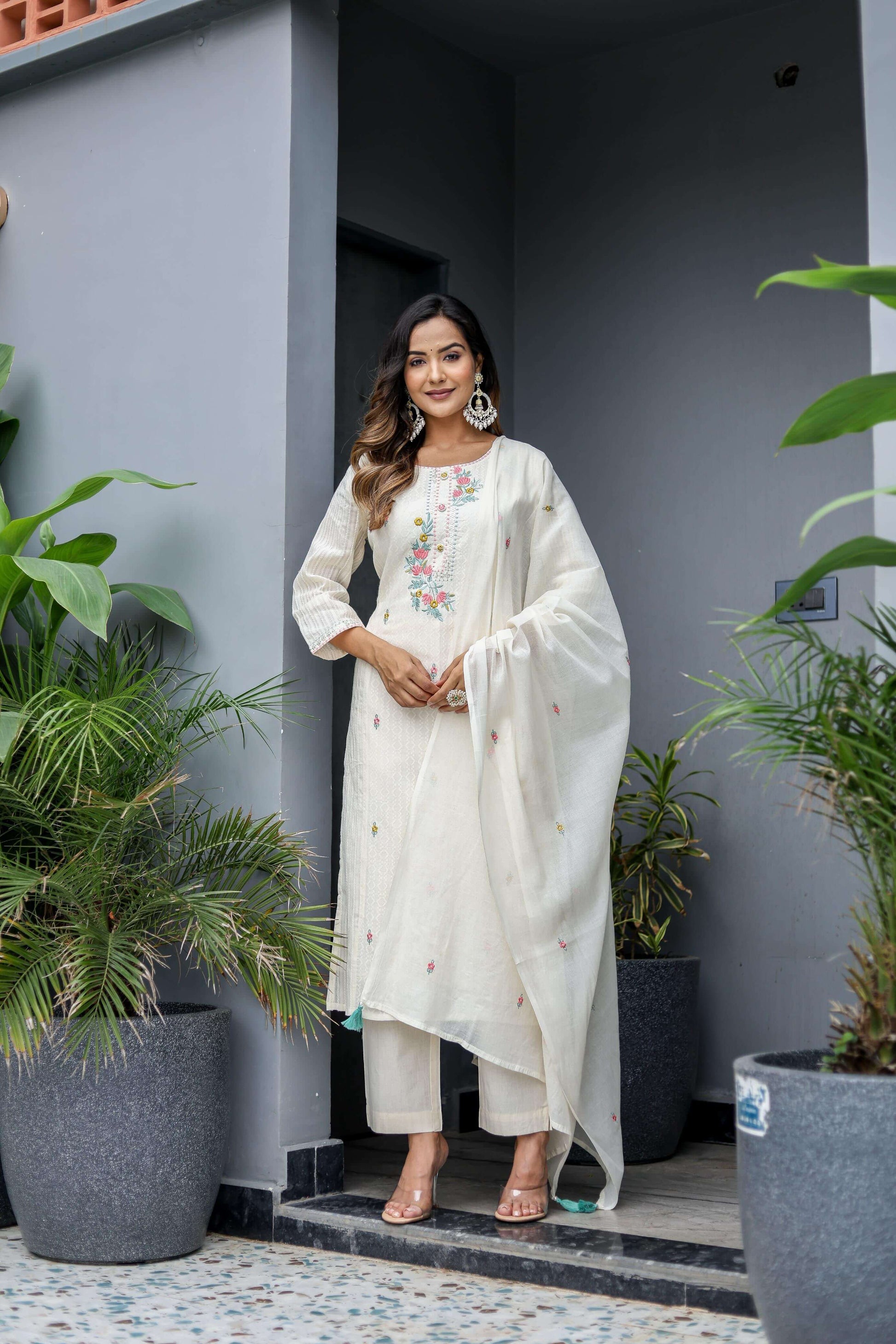 Ivory Embroidered Cotton Suit Set with Dupatta - Naticraft