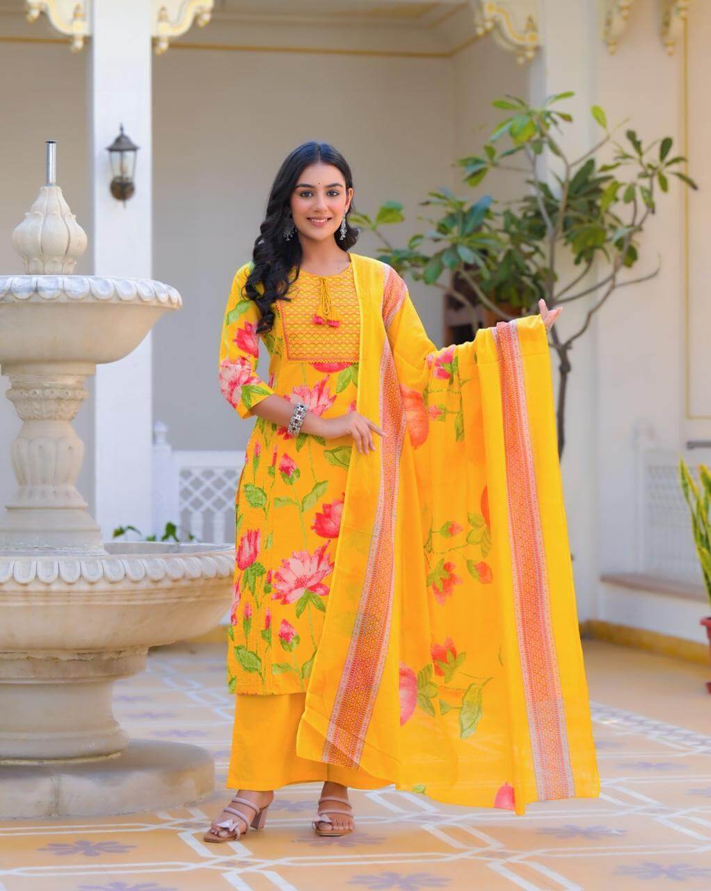 Floral Elegance Cotton Kurta Set - Yellow & Teal - Naticraft