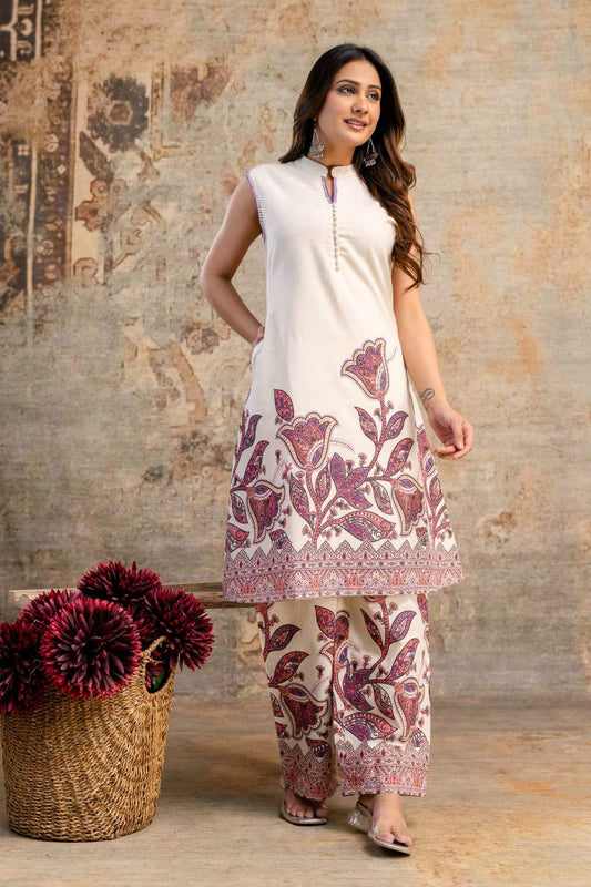 Floral Printed Co-ord Set - Sleeveless Kurta and Straight Pants - Naticraft