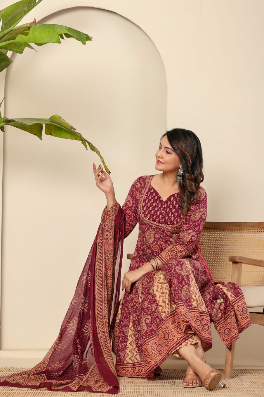 Wine & Beige Anarkali Kurta Set with Dupatta - Traditional Paisley & Zigzag Print - Naticraft