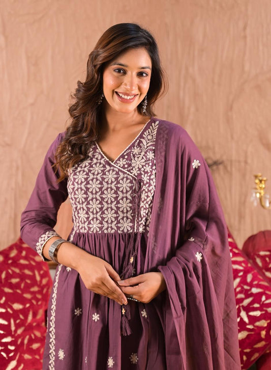 Maroon Embroidered Anarkali Kurta Set with Dupatta | Elegant Festive Wear - Naticraft