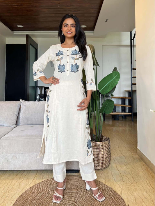 Elegant Off-White Floral Embroidered Cotton Kurta Set - Naticraft