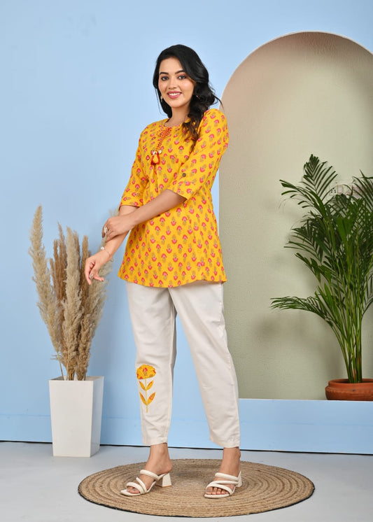 Vibrant Floral Printed Co-ord Set for Women – Short Kurti and Embroidered Pant - Naticraft