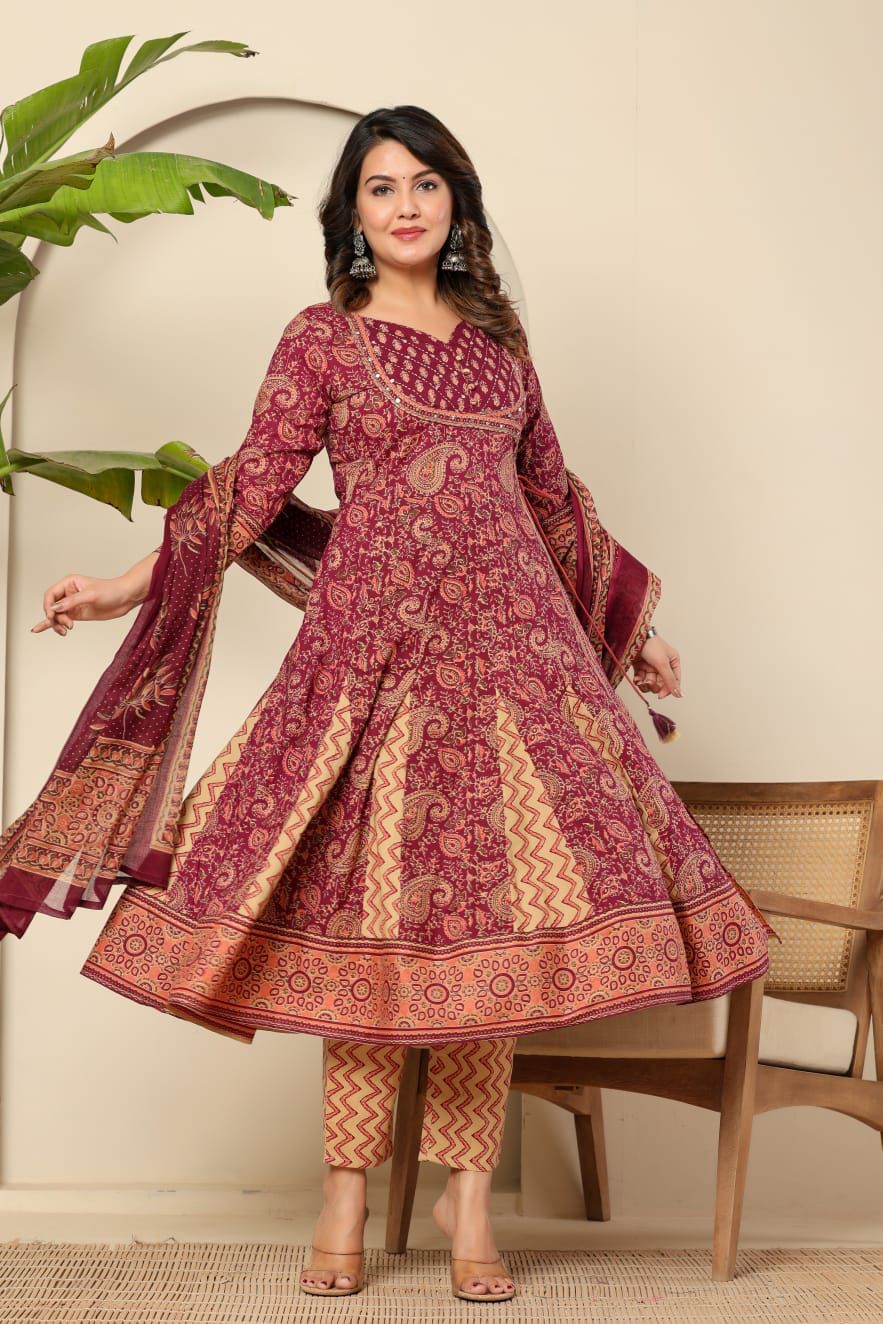 Wine & Beige Anarkali Kurta Set with Dupatta - Traditional Paisley & Zigzag Print - Naticraft
