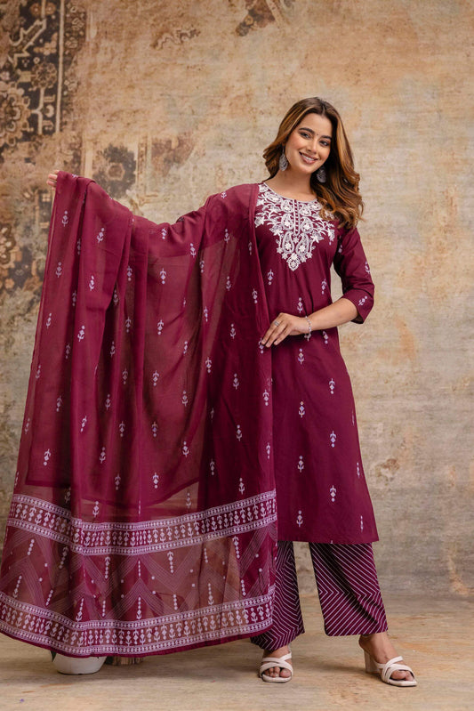 Elegant Embroidered Kurta Set with Printed Pants & Dupatta - Naticraft