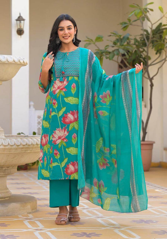 Floral Elegance Cotton Kurta Set - Yellow & Teal - Naticraft