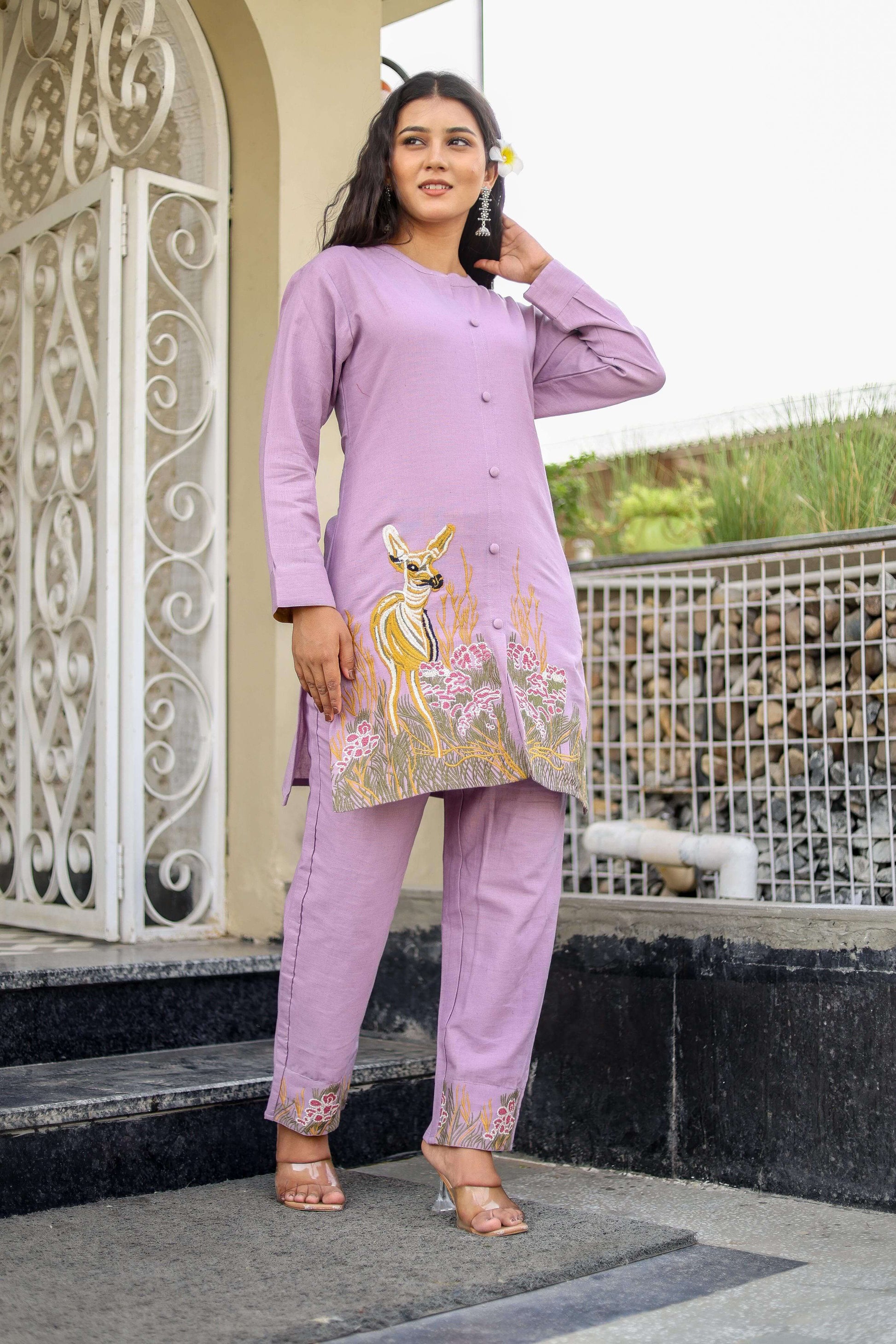 Pastel Deer Embroidered Co-ord set - Naticraft