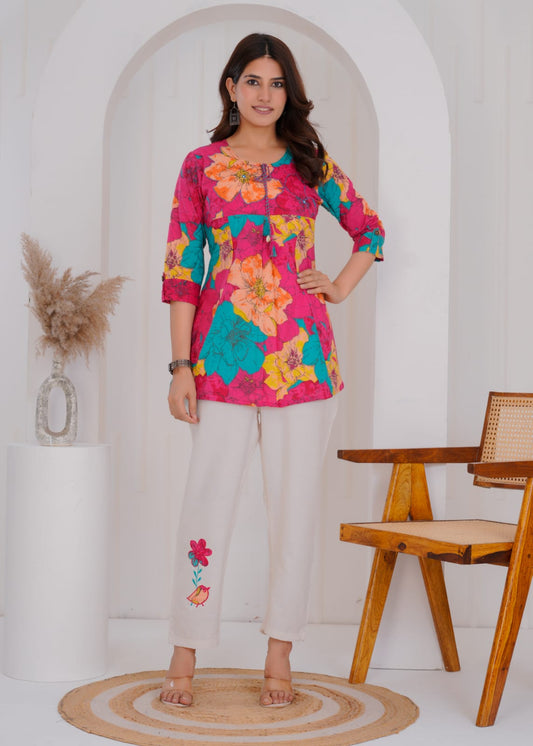Women's Bright Floral Printed Cotton Co-ord Set (Top & Pants) - Naticraft