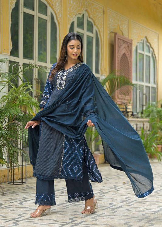 Midnight Indigo Cotton Kurta Set with Intricate Embroidery & Flowing Dupatta - Naticraft
