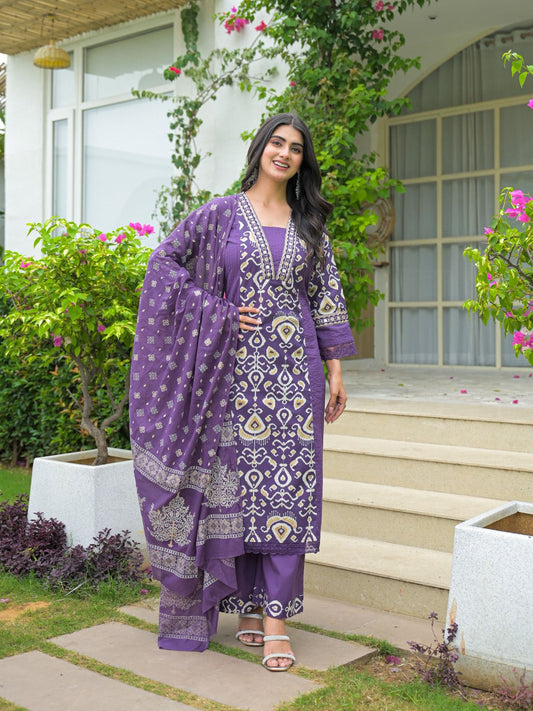 Ikat Elegance Mirror Embroidered Cotton Kurta Set – Teal & Plum - Naticraft