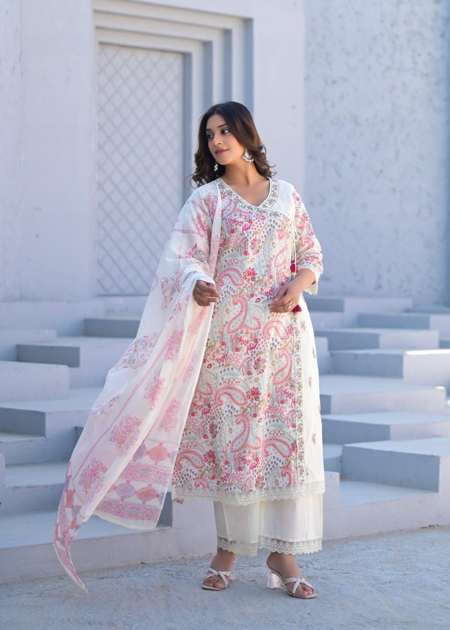 Paisley Embroidered Cotton Kurta Set with Dupatta - Naticraft