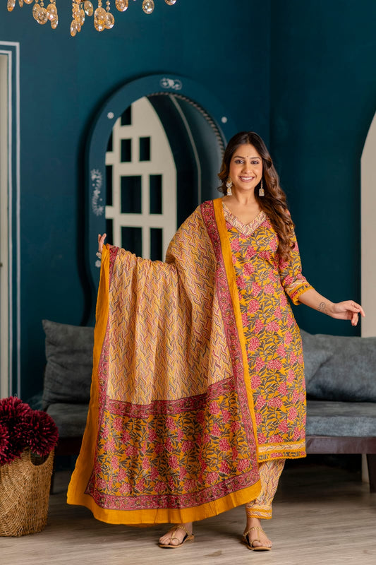 Yellow Floral Block Print Kurta Set with Dupatta – 3 Piece Ethnic Ensemble - Naticraft
